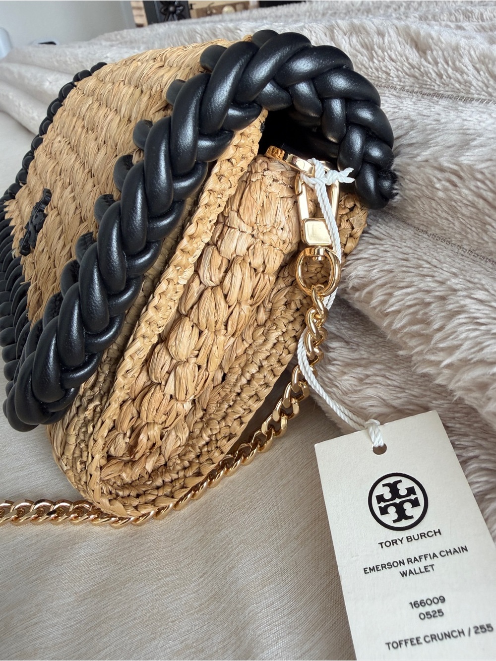 Tory Burch Tan Woven Crossbody with Black Trim and Gold Chain - Picture 7 of 8